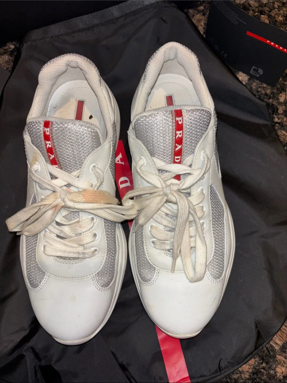 Prada Men’s Off-White Cream Mesh & Leather Sneakers
